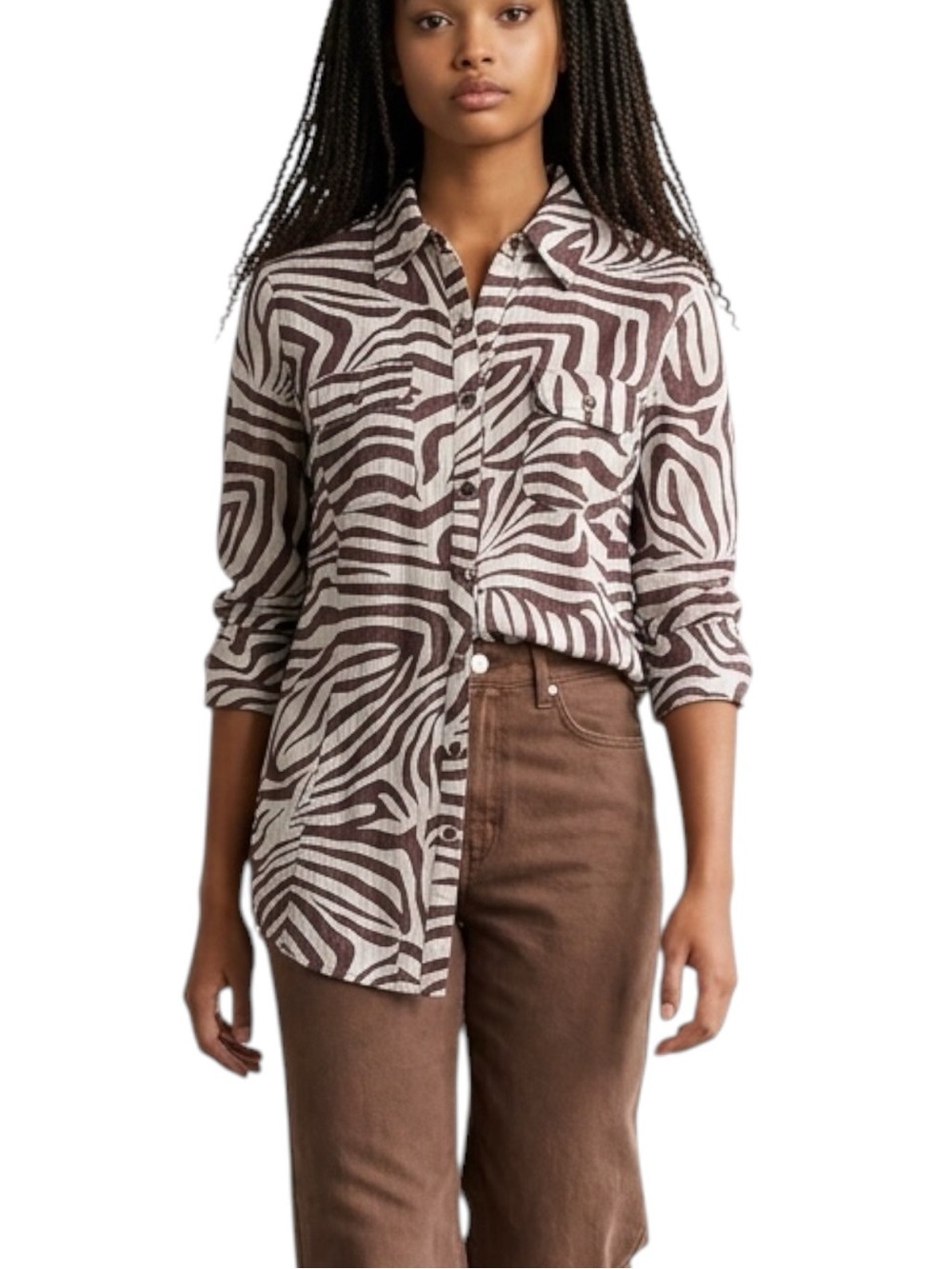 Como No? Metallic Brown White Zebra Print Button Down Tunic Shirt NWT Size M